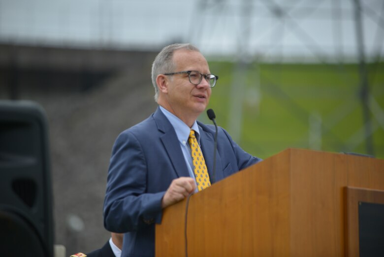 Nashville Mayor David Briley speaks during the 50th Anniversary of J. Percy Priest Dam and Reservoir at the dam in Nashville, Tenn., June 29, 2018. He said that nearly two million citizens continue to enjoy the many benefits the lake provides, which his own grandfather Beverly Briley championed as the first mayor of Metro Nashville when the Corps of Engineers constructed the dam in the 1960s. (USACE Photo by Mark Rankin)