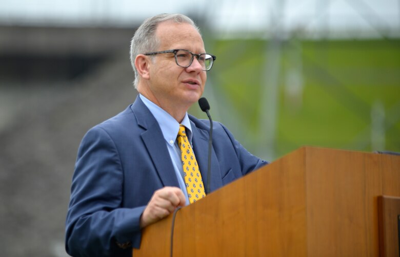 Nashville Mayor David Briley speaks during the 50th Anniversary of J. Percy Priest Dam and Reservoir at the dam in Nashville, Tenn., June 29, 2018. He said that nearly two million citizens continue to enjoy the many benefits the lake provides, which his own grandfather Beverly Briley championed as the first mayor of Metro Nashville when the Corps of Engineers constructed the dam in the 1960s. (USACE Photo by Mark Rankin)