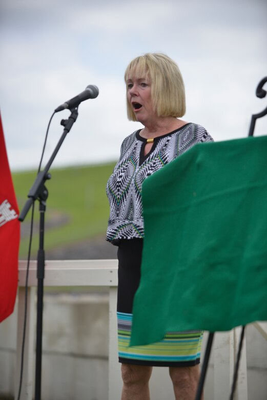Harriett Priest, daughter of the late Congressman J. Percy Priest, recites a poem honoring her father during the 50th Anniversary of J. Percy Priest Dam and Reservoir at the dam in Nashville, Tenn., June 29, 2018. (USACE Photo by Mark Rankin)