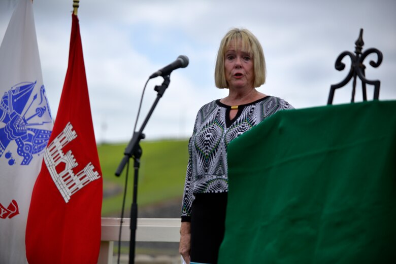 Harriett Priest, daughter of the late Congressman J. Percy Priest, recites a poem honoring her father during the 50th Anniversary of J. Percy Priest Dam and Reservoir at the dam in Nashville, Tenn., June 29, 2018. (USACE Photo by Mark Rankin)