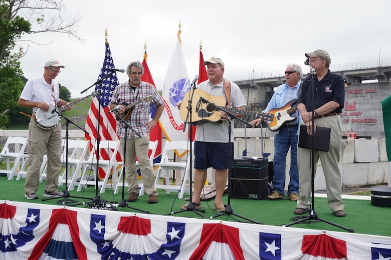 The Deep Water Boys perform to celebrate the 50th Anniversary of J. Percy Priest Dam ahead of the official ceremony for the 50th Anniversary of J. Percy Priest Dam and Reservoir at the dam in Nashville, Tenn., June 29, 2018.  The members of the Deep Water Boys are made up of current and retired Corps of Engineers employees. (USACE Photo by Mark Rankin)