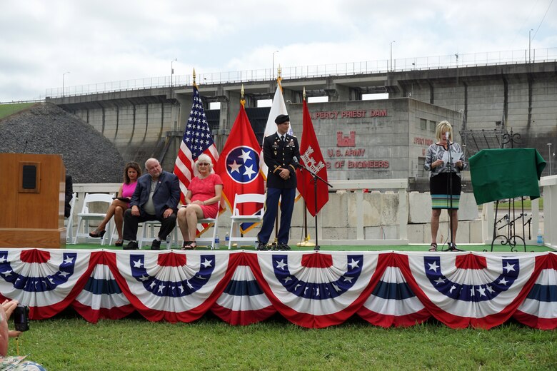 Harriett Priest, daughter of the late Congressman J. Percy Priest, recites a poem honoring her father during the 50th Anniversary of J. Percy Priest Dam and Reservoir at the dam in Nashville, Tenn., June 29, 2018. (USACE Photo by Mark Rankin)