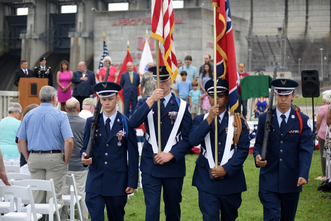 The Color Guard from McGavock High School Air Force Junior ROTC Unit TN-942 presents the colors during the 50th Anniversary of J. Percy Priest Dam and Reservoir at the dam in Nashville, Tenn., June 29, 2018. USACE Photo by Lee Roberts)