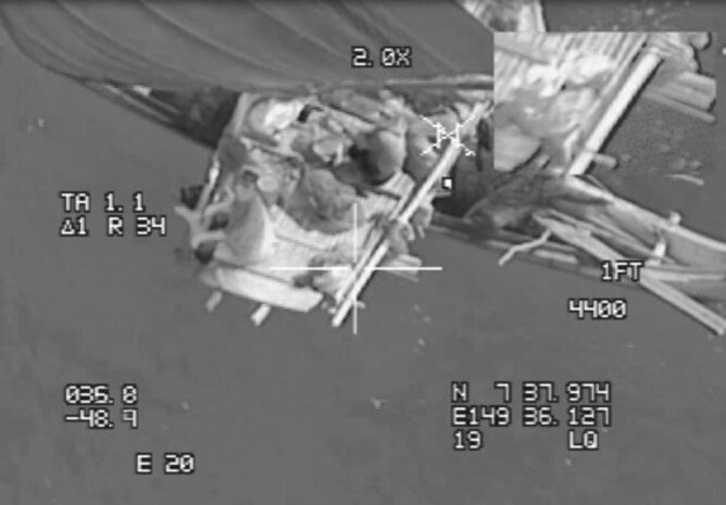 Six passengers aboard a canoe were located in a joint search and rescue mission June 25, 2018, in the Pacific Ocean Southwest of Guam. Crew members flying a B-52H Stratofortress assigned to the 20th Expeditionary Bomb Squadron (EBS), stationed at Barksdale Air Force Base (AFB), La., and deployed to Andersen AFB, Guam, successfully located six passengers who had been missing for six days and relayed their location to the U.S. Coast Guard.