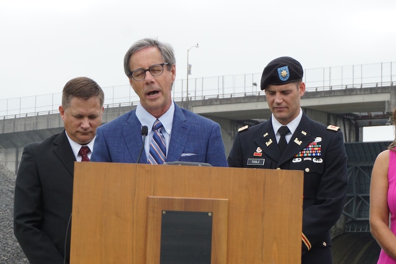 Pastor Robert J. Morgan, The Donelson Fellowship, gives the invocation during the 50th Anniversary of J. Percy Priest Dam and Reservoir at the dam in Nashville, Tenn., June 29, 2018. (USACE Photo by Mark Rankin)