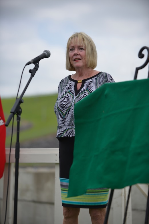 Harriett Priest, daughter of the late Congressman J. Percy Priest, recites a poem honoring her father during the 50th Anniversary of J. Percy Priest Dam and Reservoir at the dam in Nashville, Tenn., June 29, 2018. (USACE Photo by Mark Rankin)