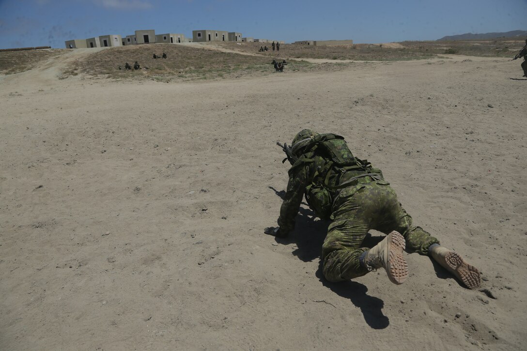 Canadian Armed Forces conduct bounding drills at an assault amphibious vehicle familiarization training during Rim of the Pacific (RIMPAC) exercise at Marine Corps Base Camp Pendleton, California, June 28, 2018. Marines training with partner nations from around the world enhances prowess. RIMPAC provides high-value training for task-organized, highly-capable Marine Air-Ground Task Force and enhances the critical crisis response capability of U.S. Marines in the Pacific. (U.S. Marine Corps photo by Cpl. Jeremy Laboy)