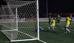 Brazil's Sgt. Pamela Vasconcelos (#9)scores her sixth and tournament leading goal against Brazil in their final match of Group Phase. Elite military soccer players from around the world compete for dominance at Fort Bliss' Stout Field June 22 - July 3, 2018 to determine the best of the best at the 2018 Conseil International du Sport Militaire (CISM) World Military Women's Football Championship. International military teams squared off to eventually crown the best women soccer players among the international militaries participating. (U.S. Navy photo by Mass Communication Specialist 2nd Class Christopher Hurd/Released)