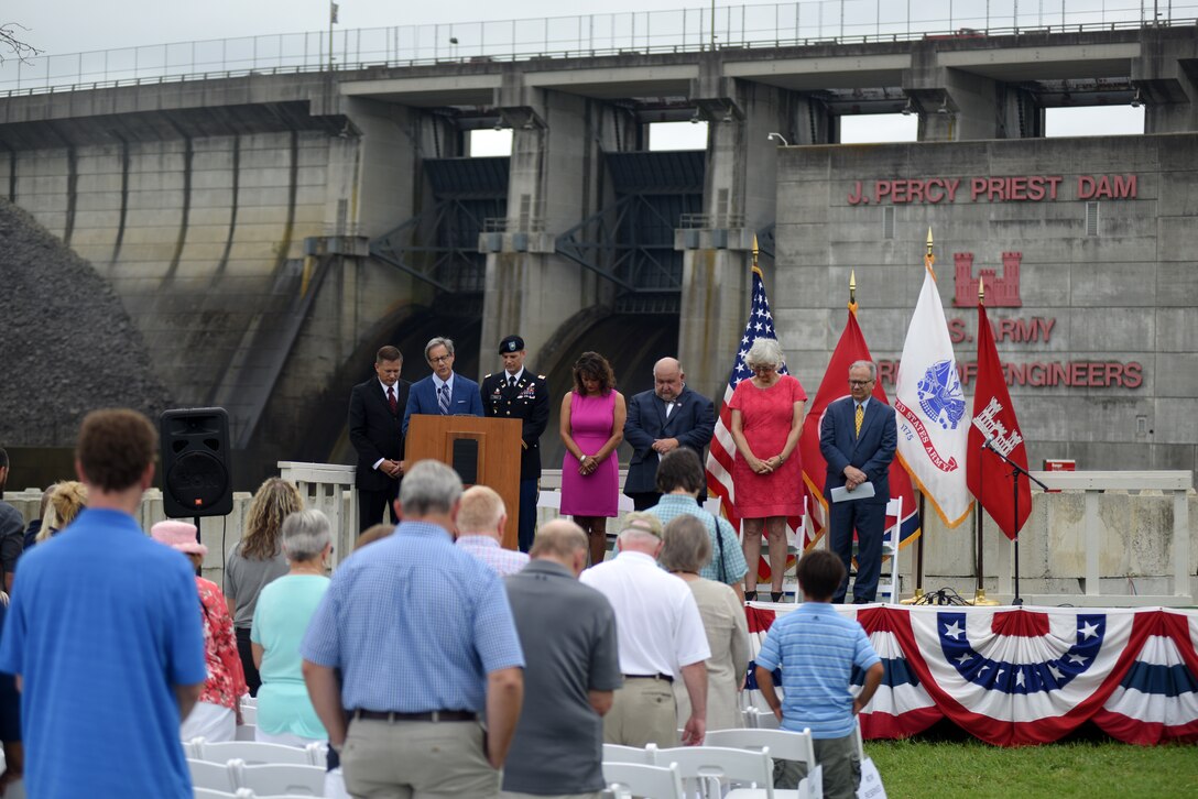 Pastor Robert J. Morgan, The Donelson Fellowship, gives the invocation during the 50th Anniversary of J. Percy Priest Dam and Reservoir at the dam in Nashville, Tenn., June 29, 2018. USACE Photo by Lee Roberts)