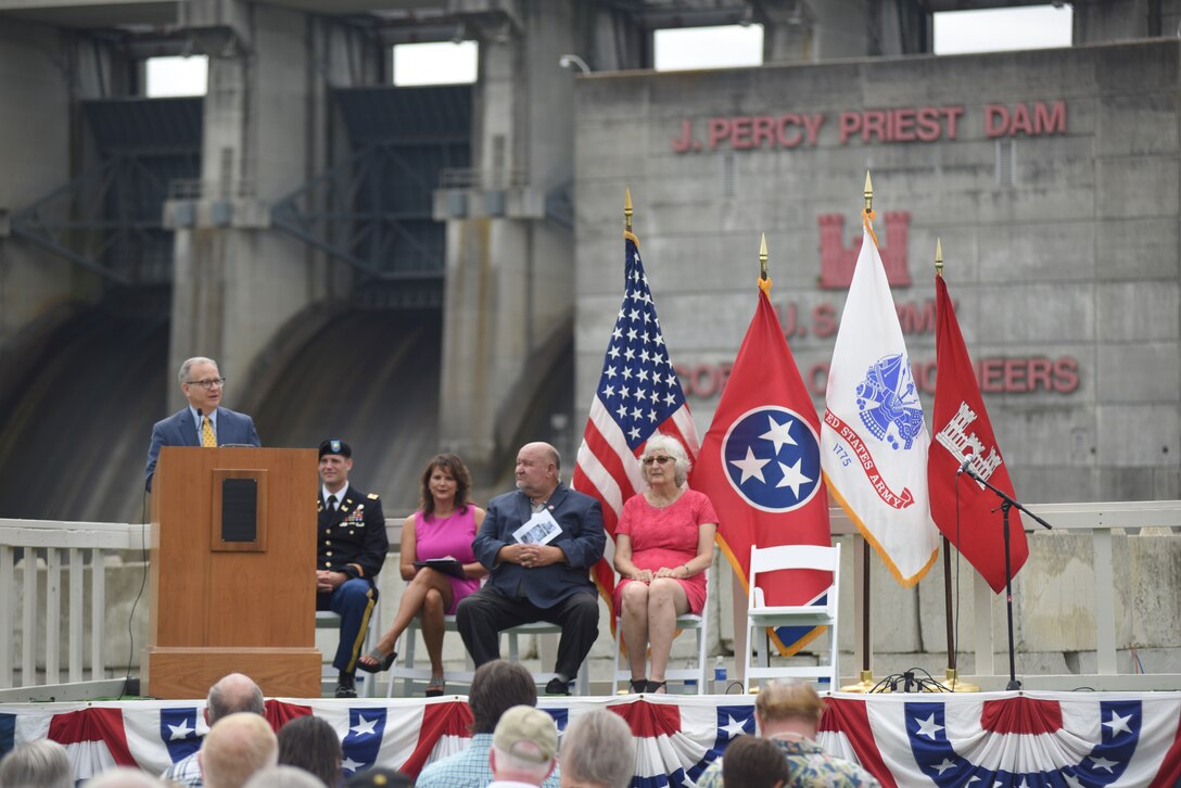 Nashville Mayor David Briley speaks during the 50th Anniversary of J. Percy Priest Dam and Reservoir at the dam in Nashville, Tenn., June 29, 2018. He said that nearly two million citizens continue to enjoy the many benefits the lake provides, which his own grandfather Beverly Briley championed as the first mayor of Metro Nashville when the Corps of Engineers constructed the dam in the 1960s. (USACE Photo by Lee Roberts)