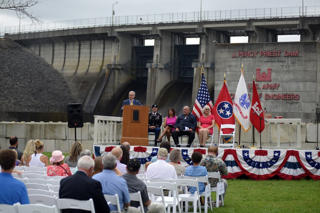 Nashville Mayor David Briley speaks during the 50th Anniversary of J. Percy Priest Dam and Reservoir at the dam in Nashville, Tenn., June 29, 2018. He said that nearly two million citizens continue to enjoy the many benefits the lake provides, which his own grandfather Beverly Briley championed as the first mayor of Metro Nashville when the Corps of Engineers constructed the dam in the 1960s. (USACE Photo by Lee Roberts)