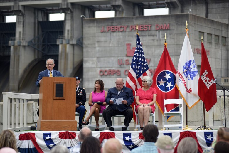 Nashville Mayor David Briley speaks during the 50th Anniversary of J. Percy Priest Dam and Reservoir at the dam in Nashville, Tenn., June 29, 2018. He said that nearly two million citizens continue to enjoy the many benefits the lake provides, which his own grandfather Beverly Briley championed as the first mayor of Metro Nashville when the Corps of Engineers constructed the dam in the 1960s. (USACE Photo by Lee Roberts)