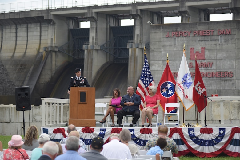 Maj. Justin Toole, U.S. Army Corps of Engineers Nashville District deputy commander, talks about project benefits during the 50th Anniversary of J. Percy Priest Dam and Reservoir at the dam in Nashville, Tenn., June 29, 2018.  The major said President Lyndon B. Johnson’s vision of reducing flooding, providing water, creating hydropower, and recreation has come to fruition over the past 50 years. (USACE Photo by Lee Roberts)