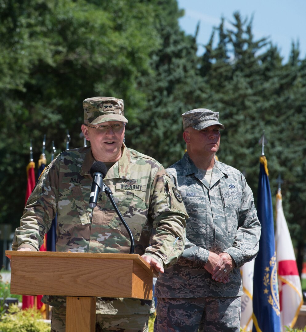 Maj. Gen. William Hall speaks during a change of command ceremony at Seay Plaza on Fort Eustis on June 29. Hall assumed command of Joint Task Force Civil Support (JTF-CS) from Maj. Gen. Richard Gallant, and is now the tenth commander of JTF-CS.