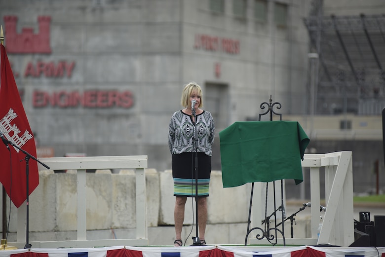 Harriett Priest, daughter of the late Congressman J. Percy Priest, recites a poem honoring her father during the 50th Anniversary of J. Percy Priest Dam and Reservoir at the dam in Nashville, Tenn., June 29, 2018. (USACE Photo by Lee Roberts)