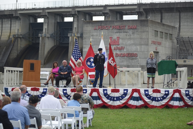 Harriett Priest, daughter of the late Congressman J. Percy Priest, recites a poem honoring her father during the 50th Anniversary of J. Percy Priest Dam and Reservoir at the dam in Nashville, Tenn., June 29, 2018. (USACE Photo by Lee Roberts)