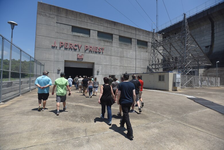 A public tour group enters the hydropower plant as part of the 50th Anniversary of J. Percy Priest Dam and Reservoir in Nashville, Tenn., June 29, 2018. (USACE Photo by Lee Roberts)