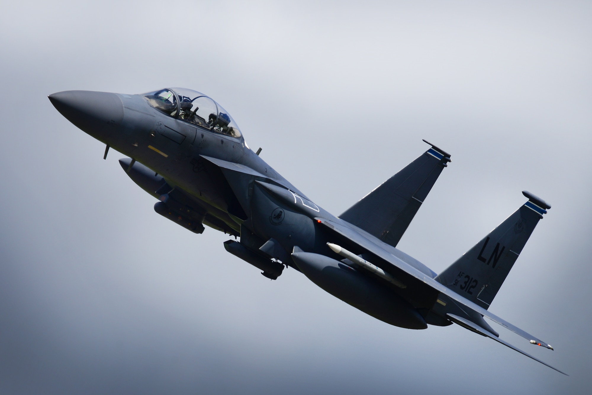 An F-15E Strike Eagle assigned to the 492nd Fighter Squadron flies over Royal Air Force Lakenheath, England, May 10. The 492nd trains regularly to ensure RAF Lakenheath brings unique air combat capabilities to the fight. (U.S. Air Force photo/ Tech. Sgt. Matthew Plew)
