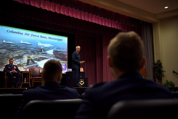 Lt. Gen. Jay Silveria, U.S. Air Force Academy superintendent, speaks to Specialized Undergraduate Pilot Training Class 18-11 during their graduation ceremony June 29, 2018, on Columbus Air Force Base, Mississippi. Each SUPT class has a graduation breakfast, ceremony and dinner to celebrate their accomplishments over the past 13 months. (U.S. Air Force photo by Airman 1st Class Keith Holcomb)