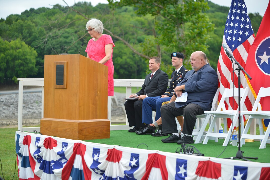 Author Rebecca Stubbs, biographer for the late Congressman J. Percy Priest, comments about the legacy of Priest during the 50th Anniversary of J. Percy Priest Dam and Reservoir at the dam in Nashville, Tenn., June 29, 2018. (USACE Photo by Mark Rankin)