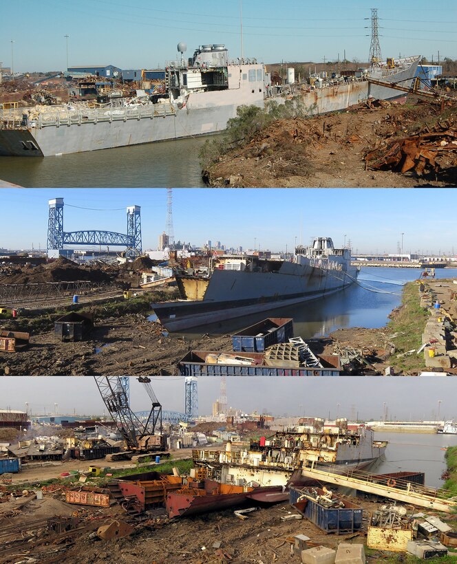 DLA Disposition Services arranges for the time-consuming, labor-intensive scrapping of Navy ships such as the USS Jarrett, shown here. The process begins with the mast and radars and progresses to the bridge, allowing workers to cut the ship apart in chunks.