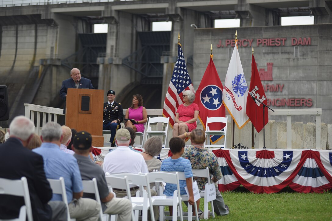 La Vergne Mayor Dennis Waldron speaks about the impact of the project with her community during the 50th Anniversary of J. Percy Priest Dam and Reservoir at the dam in Nashville, Tenn., June 29, 2018. (USACE Photo by Lee Roberts)