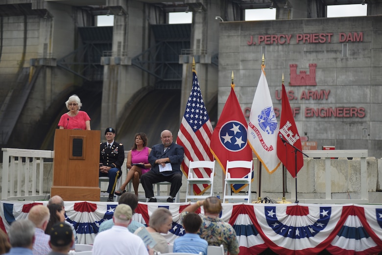 Author Rebecca Stubbs speaks about the legacy of J. Percy Priest during the 50th Anniversary of J. Percy Priest Dam and Reservoir at the dam in Nashville, Tenn., June 29, 2018. (USACE Photo by Lee Roberts)