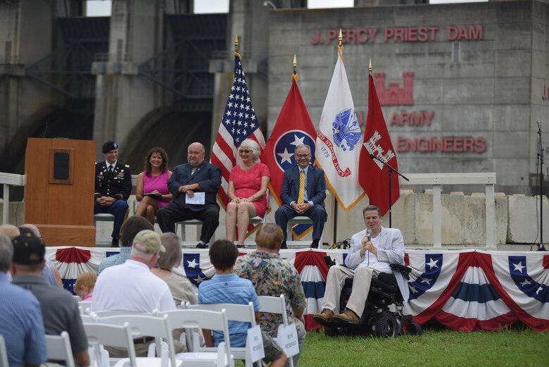 State Rep. Darren Jernigan, Tennessee District 60, speaks about his memories of the dam and lake during the 50th Anniversary of J. Percy Priest Dam and Reservoir at the dam in Nashville, Tenn., June 29, 2018. (USACE Photo by Lee Roberts)