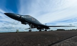 Multimission, supersonic bomber B-1B Lancer parked on flightline at Royal Air Force Fairford, United Kingdom, June 9, 2017, supports exercises Baltops 17 and Saber Strike 17 (U.S. Air Force/Curt Beach)