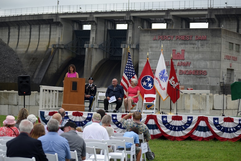 Smyrna Mayor Mary Esther Reed speaks about the impact of the project with her community during the 50th Anniversary of J. Percy Priest Dam and Reservoir at the dam in Nashville, Tenn., June 29, 2018. (USACE Photo by Lee Roberts)