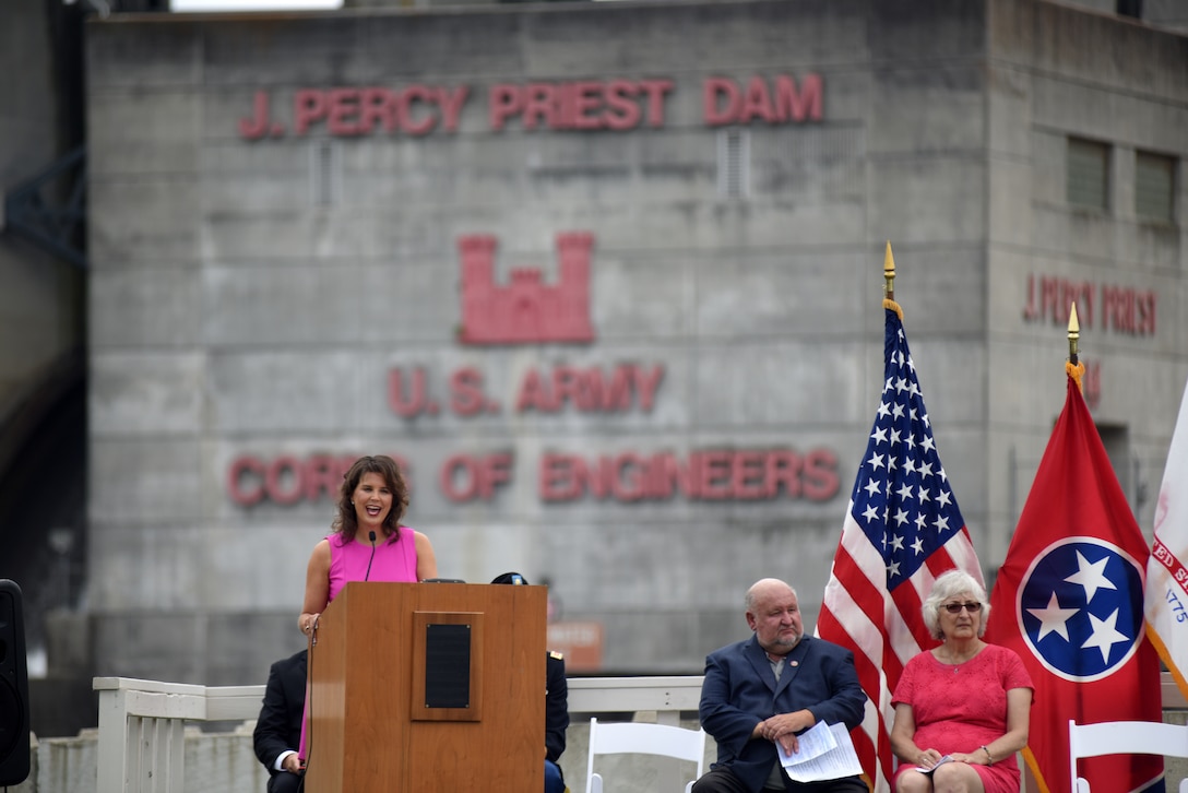 Smyrna Mayor Mary Esther Reed speaks about the impact of the project with her community during the 50th Anniversary of J. Percy Priest Dam and Reservoir at the dam in Nashville, Tenn., June 29, 2018. (USACE Photo by Lee Roberts)