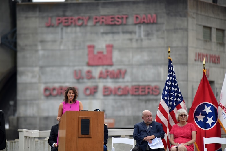Smyrna Mayor Mary Esther Reed speaks about the impact of the project with her community during the 50th Anniversary of J. Percy Priest Dam and Reservoir at the dam in Nashville, Tenn., June 29, 2018. (USACE Photo by Lee Roberts)
