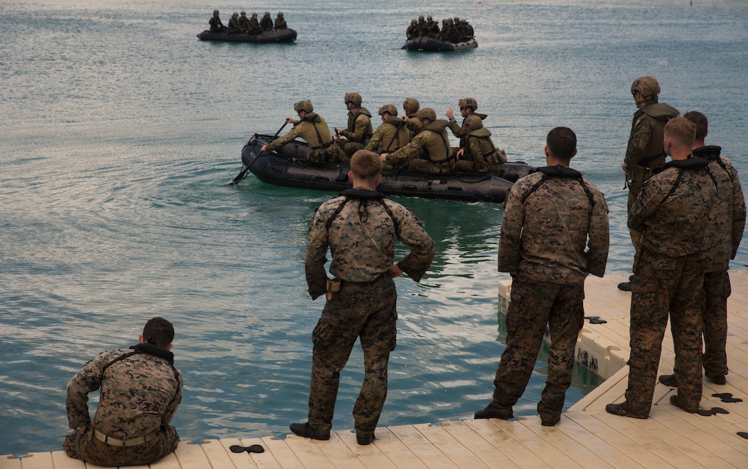 Australian soldiers and U.S. Marines with the 3rd Reconnaissance Battalion rehearse helo-cast drills with a combat rubber raiding craft during Rim of the Pacific (RIMPAC) exercise at Marine Corps Base Hawaii June 29, 2018. The helo-cast training is meant to prepare the service members for an amphibious insertion during RIMPAC. RIMPAC provides high-value training for task-organized, highly-capable Marine Air-Ground Task Force and enhances the critical crisis response capability of U.S. Marines in the Pacific. Twenty-five nations, 46 ships, five submarines, about 200 aircraft and 25,000 personnel are participating in RIMPAC from June 27 to Aug. 2 in and around the Hawaiian Islands and Southern California.