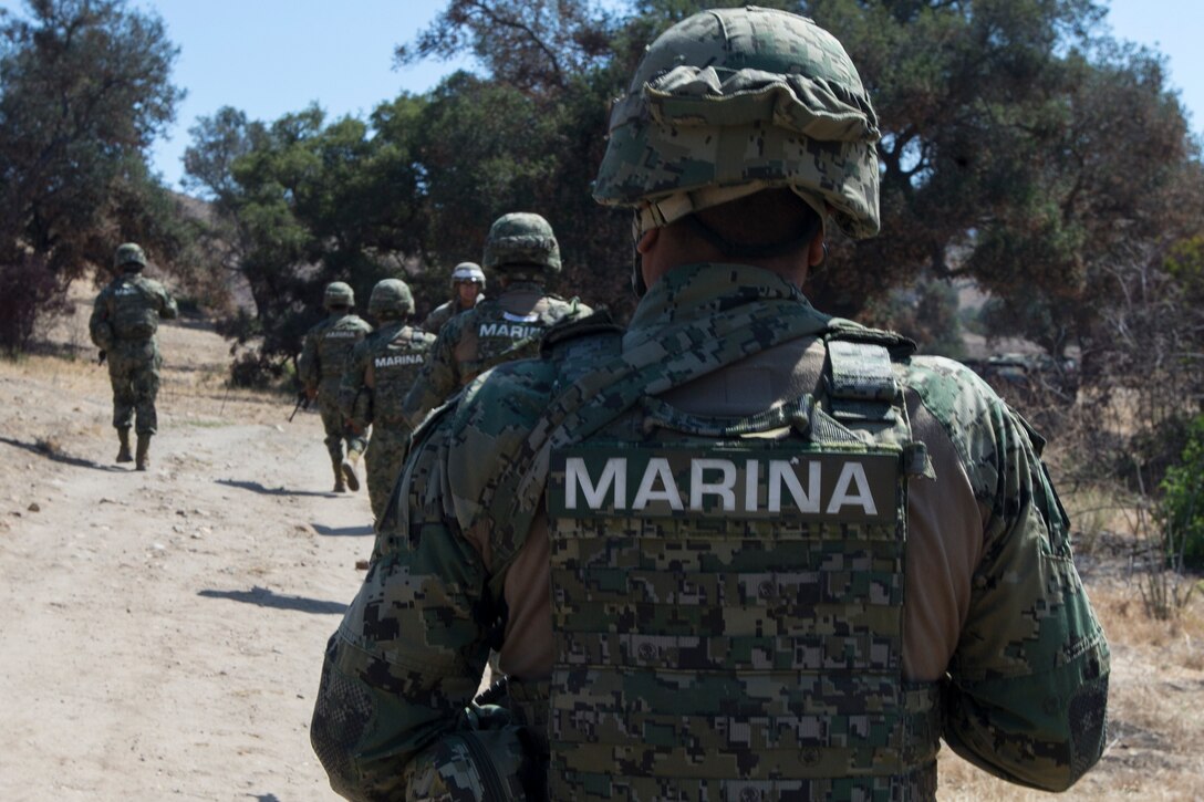 Mexican marines with the Amphibious Marine Infantry Brigade hike to a live-fire range during Rim of the Pacific (RIMPAC) exercise at Marine Corps Base Camp Pendleton, California, July 3, 2018. RIMPAC demonstrates the value of amphibious forces and provides high-value training for task-organized, highly-capable Marine Air-Ground Task Forces enhancing the critical crisis response capability of U.S. forces and partners globally. Twenty-five nations, 46 ships, five submarines, about 200 aircraft and 25,000 personnel are participating in RIMPAC from June 27 to Aug. 2 in and around the Hawaiian Islands and Southern California.