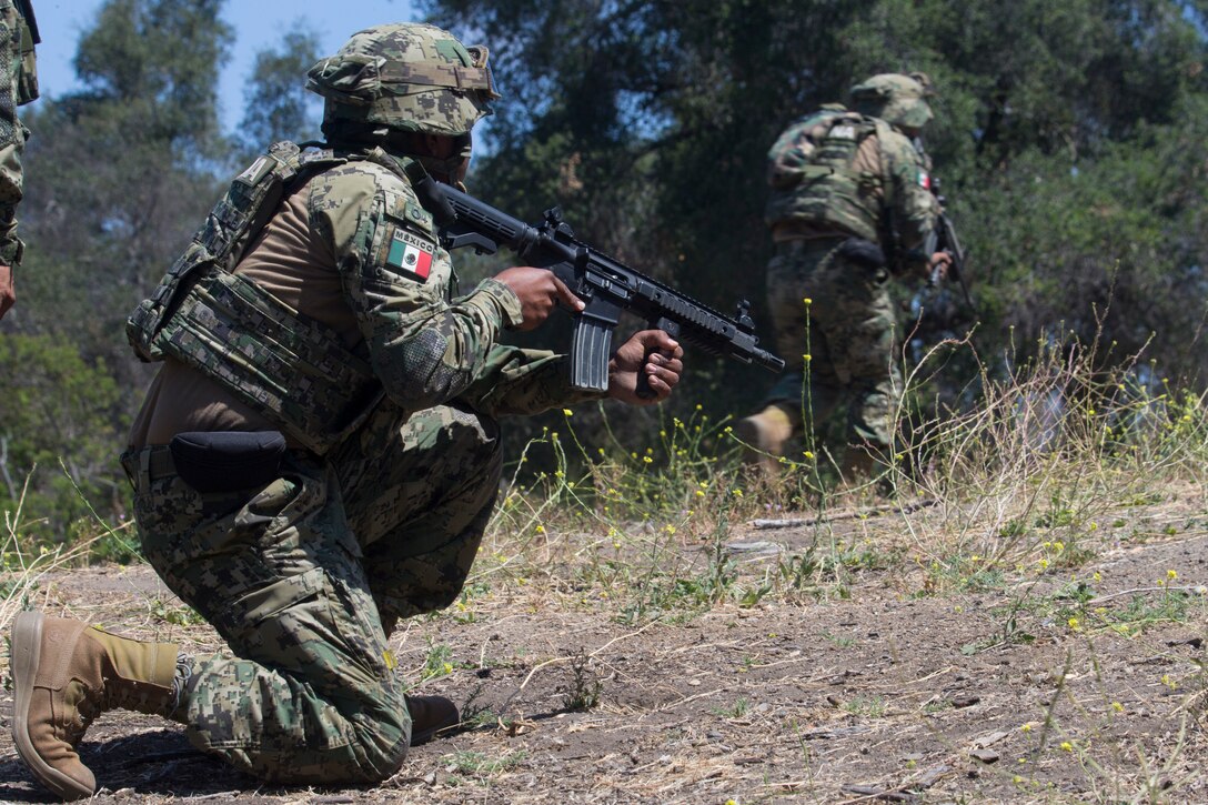 Mexican marines with the Amphibious Marine Infantry Brigade advance through a live-fire range during Rim of the Pacific (RIMPAC) exercise at Marine Corps Base Camp Pendleton, California, July 3, 2018. RIMPAC demonstrates the value of amphibious forces and provides high-value training for task-organized, highly-capable Marine Air-Ground Task Forces enhancing the critical crisis response capability of U.S. forces and partners globally. Twenty-five nations, 46 ships, five submarines, about 200 aircraft and 25,000 personnel are participating in RIMPAC from June 27 to Aug. 2 in and around the Hawaiian Islands and Southern California.