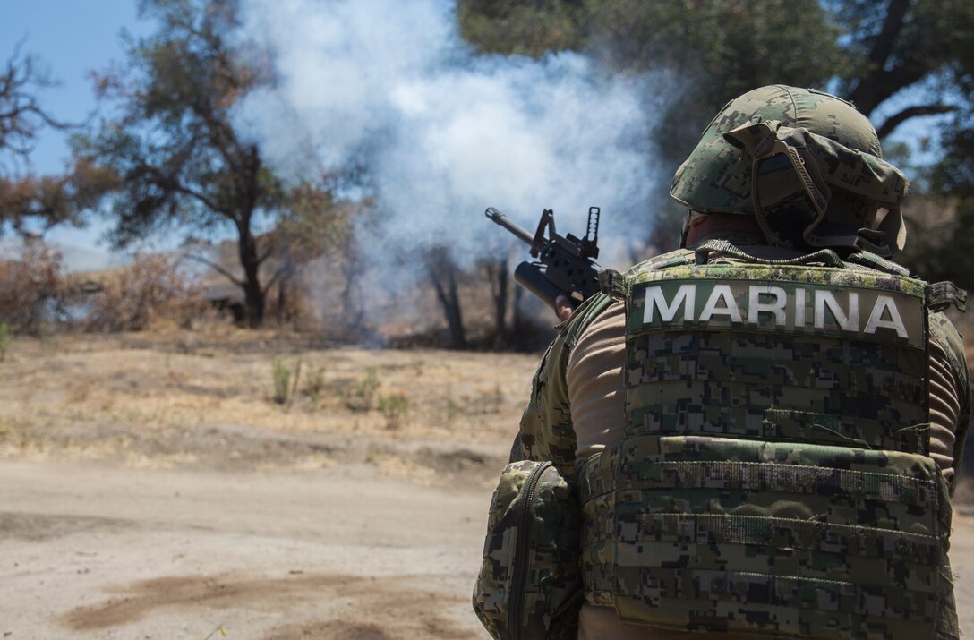 A Mexican marine with the Marine Amphibious Infantry Brigade fires his weapon during a live-fire drill as part of Rim of the Pacific (RIMPAC) exercise at Marine Corps Base Camp Pendleton, California, July 3, 2018. RIMPAC demonstrates the value of amphibious forces and provides high-value training for task-organized, highly-capable Marine Air-Ground Task Forces enhancing the critical crisis response capability of U.S. forces and partners globally. Twenty-five nations, 46 ships, five submarines, about 200 aircraft and 25,000 personnel are participating in RIMPAC from June 27 to Aug. 2 in and around the Hawaiian Islands and Southern California.