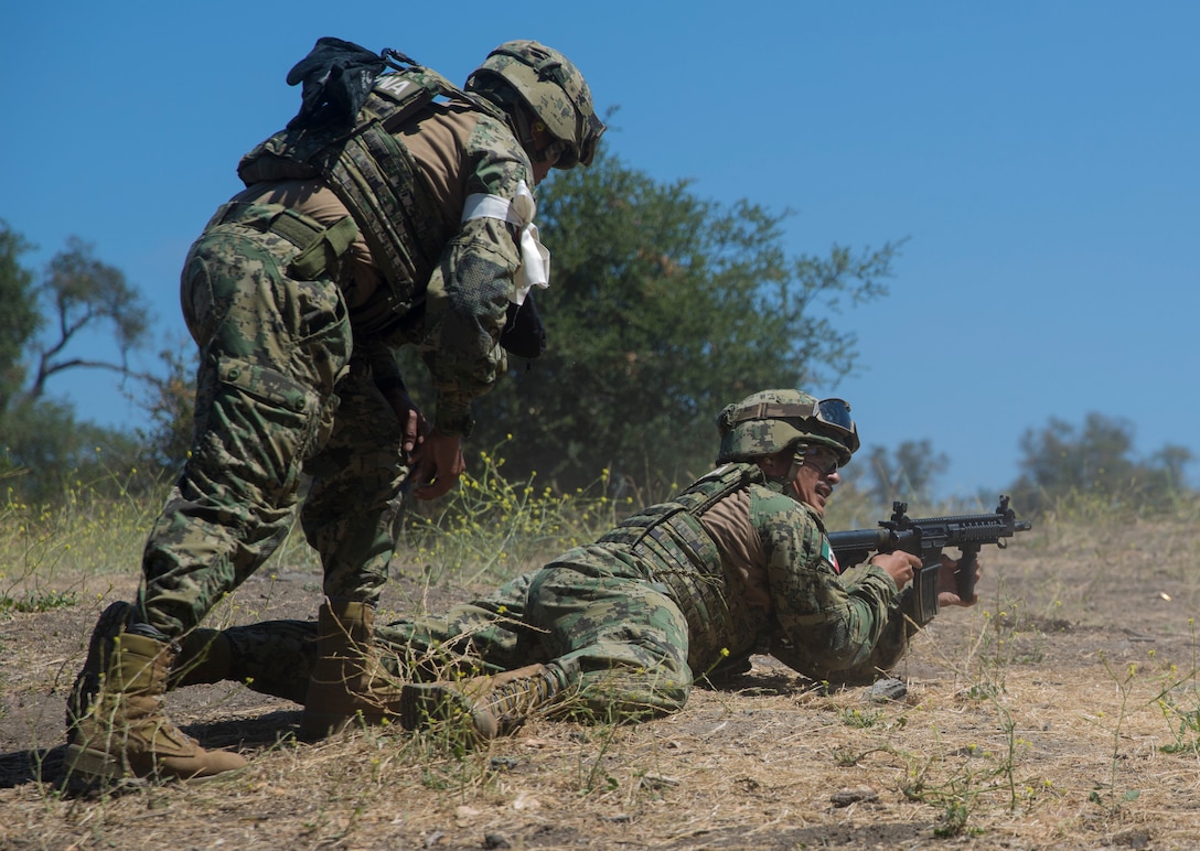 Mexican marines with the Marine Amphibious Infantry Brigade maneuver through a  live-fire range during Rim of the Pacific (RIMPAC) exercise at Marine Corps Base Camp Pendleton, California, July 3, 2018. RIMPAC demonstrates the value of amphibious forces and provides high-value training for task-organized, highly-capable Marine Air-Ground Task Forces enhancing the critical crisis response capability of U.S. forces and partners globally. Twenty-five nations, 46 ships, five submarines, about 200 aircraft and 25,000 personnel are participating in RIMPAC from June 27 to Aug. 2 in and around the Hawaiian Islands and Southern California.