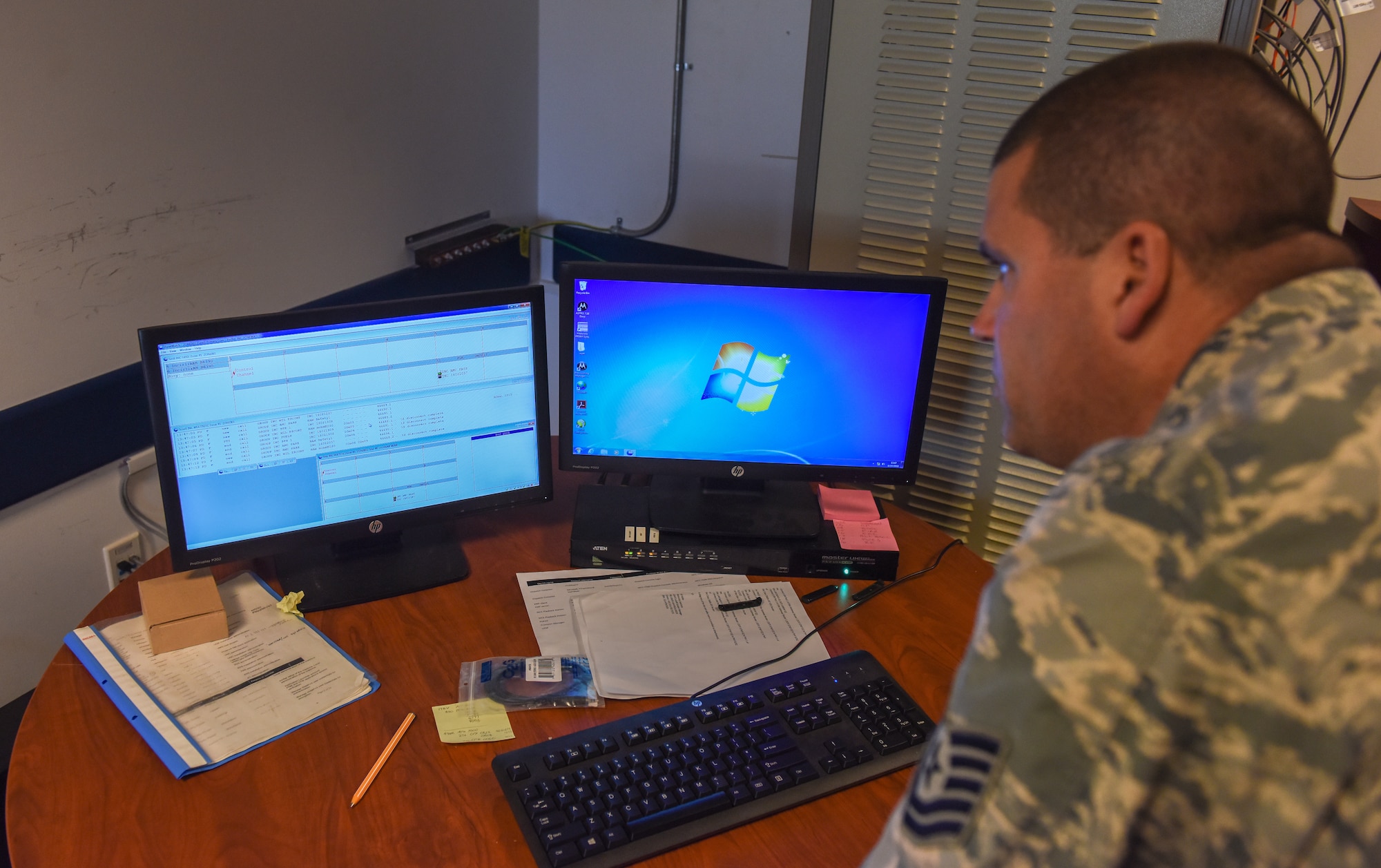 U.S. Air Force Tech. Sgt. Christian Web monitors a radio tracking system at Incirlik Air Base, Turkey