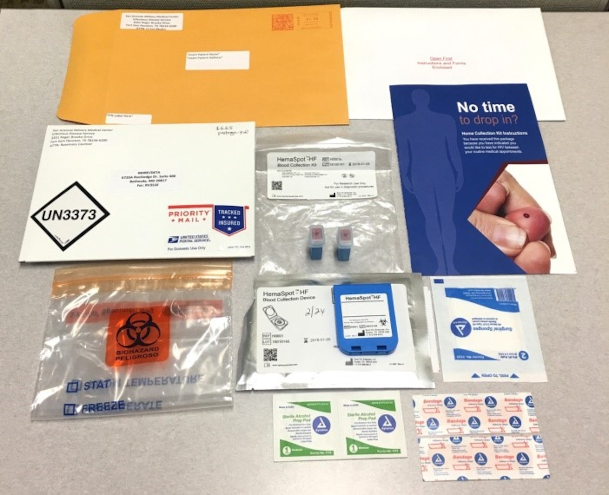 The Air Force offers self-collection kits that include instructions, supplies to obtain a finger-prick blood sample, and a prepaid envelope to mail the sample to a lab for HIV testing. (Photo by Military Health System Communications Office)