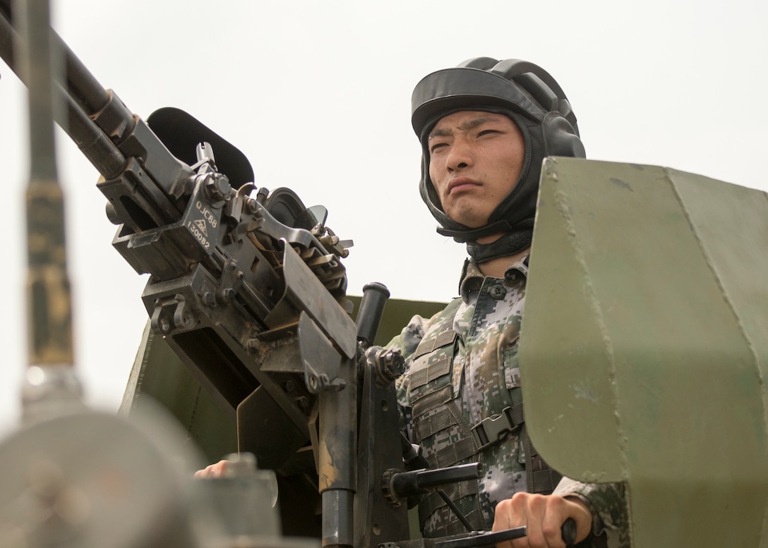 PLA soldier participates in attack exercise observed by General Joseph F. Dunford, Jr., and General Song Puxuan, commander, Northern Theater Command, at base in Shenyang, China, August 16, 2017 (DOD/Dominique A. Pineiro)