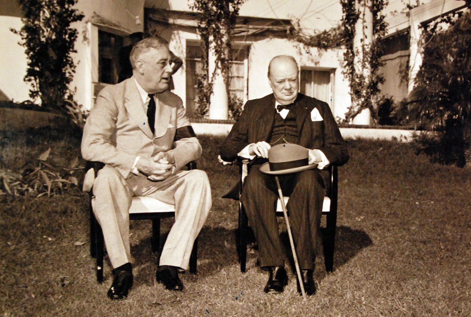 President Franklin D. Roosevelt and Prime Minister Winston Churchill in garden of presidential villa during Casablanca Conference, French Morocco, January 1943 (U.S. Navy, U.S. National Archives and Records Administration)
