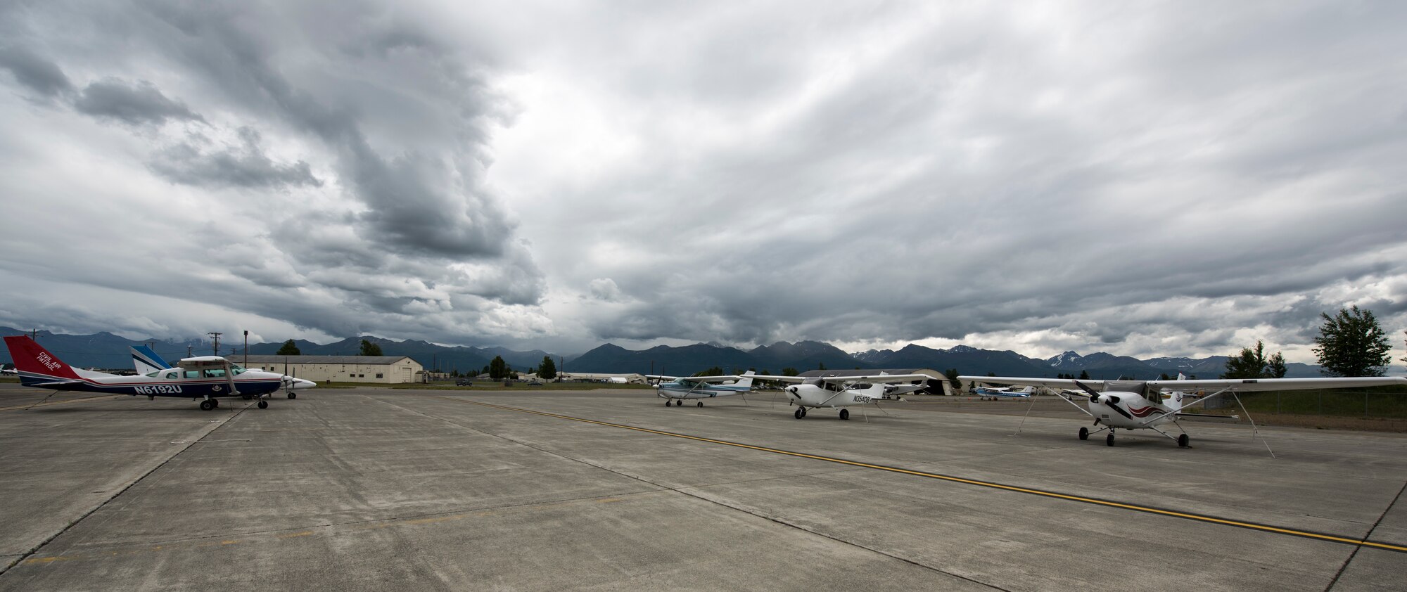 Elmendorf Aero Club General Aviation and privately owned airplanes are parked in rentable spaces near the clubs’ hangar at Joint Base Elmendorf-Richardson, Alaska, June 28, 2018. The club has more than 15 rentable spaces available outside and five inside for personal aircraft storage.