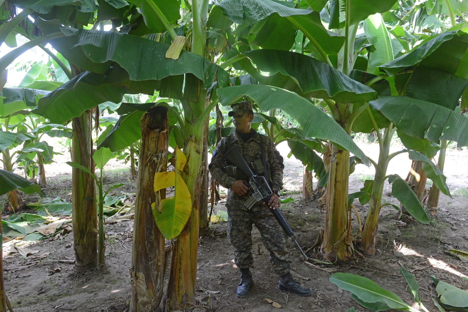 A Salvadoran soldier provides security at the perimeter of a school construction site, June 25, 2018, in La Paz Department, El Salvador. The construction is part of U.S. Army South-led Beyond the Horizon exercise lasting May 12 through Aug. 4, 2018.