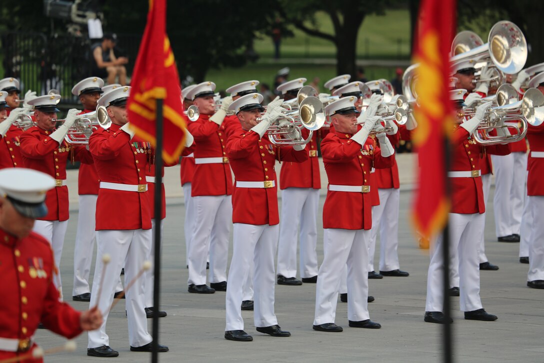 Marines with “The Commandant’s Own” U.S. Marine Drum & Bugle Corps play a musical ballad during a Tuesday Sunset Parade at the Lincoln Memorial, Washington D.C., July 3, 2018.
