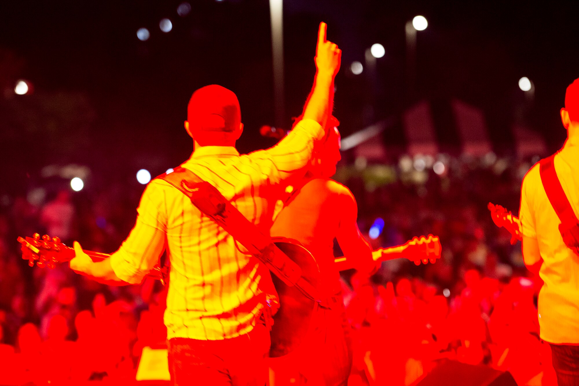 Easton Corbin, and his band members, entertain a crowd during the Patriot Festival, July 3, 2018, at Moody Air Force Base, Ga. Team Moody hosted the free event to allow Airmen and their families an opportunity to take some time away from the mission and enjoy a Fourth of July experience. The event consisted of live music, food trucks, family fun and a firework show. (U.S. Air Force photo by Airman 1st Class Erick Requadt)