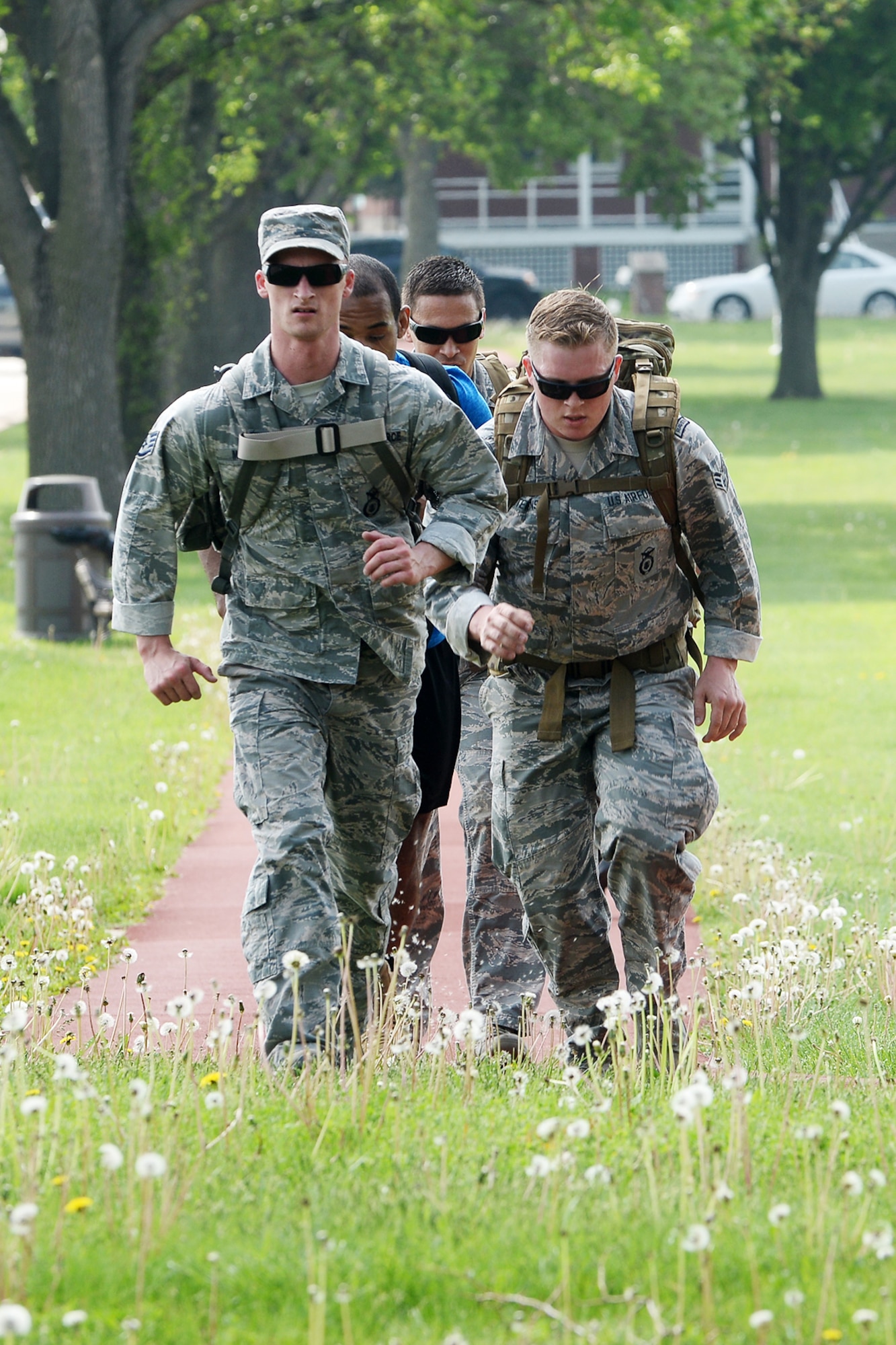 55th Security Forces Squadron Airmen take part in a ruck march challenge May 14, 2018, at Offutt Air Force Base, Nebraska. Offutt’s defenders participated in local events as well as coordinating base events to recognize the contributions of police across the nation. (U.S. Air Force photo by Charles J. Haymond)