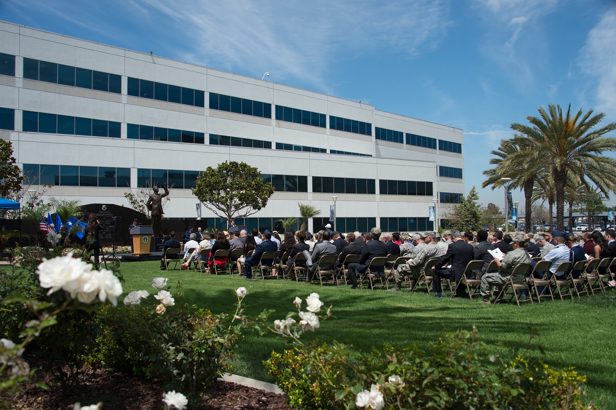 More than 200 attendees, including family members and civic leaders from the surrounding South Bay beach cities honored six new Air Force and civilian space pioneers, whose names are newly inscribed on a wall of polished black granite at the General Bernard A. Schriever Memorial, located on the grounds of the Space and Missile Systems Center at Los Angeles Air Force Base in El Segundo, California, May 14, 2018. (U.S. Air Force photo/Van De Ha)
