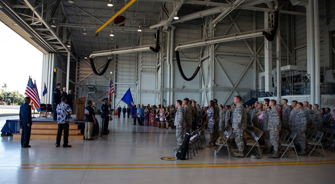 The 15th Wing Base Honor Guard presents the colors during the 15th Aircraft Maintenance Squadron’s change of command ceremony, Joint Base Pearl Harbor-Hickam, Hawaii, June 29, 2018. The 15th AMXS is a total force integrated aircraft maintenance unit composed of active duty, Air National Guard, and civilian maintainers who are in charge of the management and maintenance production of all aircraft assigned to JBPHH. (U.S. Air Force photo by Tech. Sgt. Heather Redman)