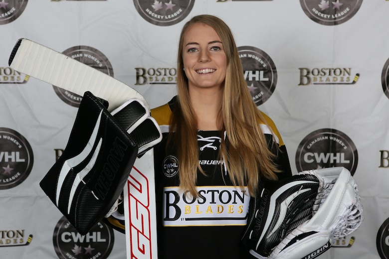 Canadian Women’s Hockey League headshot of Boston Blades goalie Jetta Rackleff, a Palace Acquire civilian developmental hire in the Battle Management Directorate’s Weather division at Hanscom Air Force Base, Mass. (Photo Courtesy of Canadian Women's Hockey League)