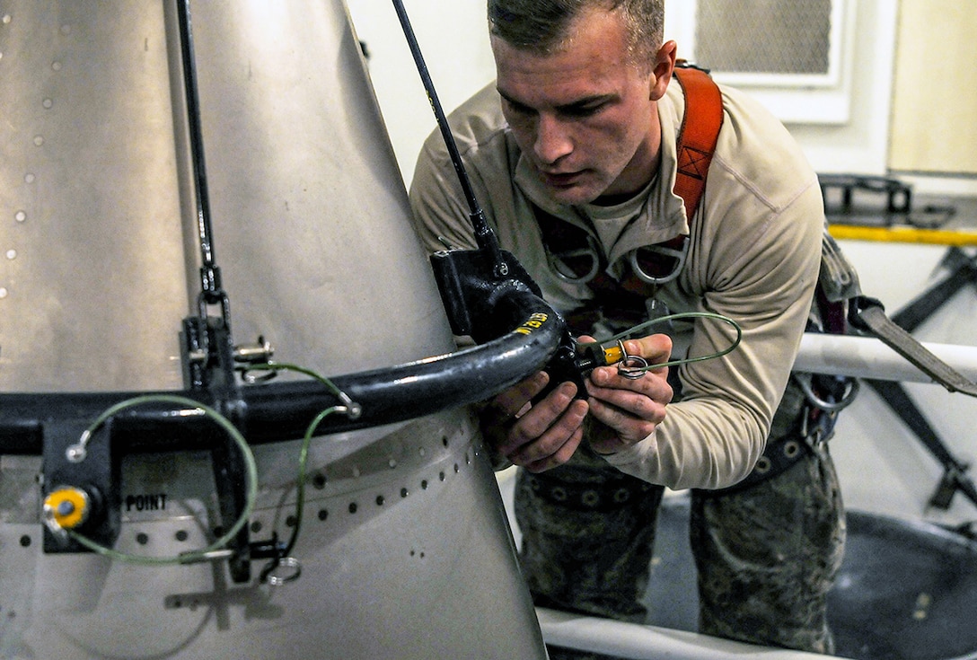 Senior Airman Andrew Parrish, 90th Missile Maintenance Squadron topside technician, performs maintenance on the forward section of a reentry system in the F. E. Warren Air Force Base missile complex in Wyoming. The 90th MMXS maintains approximately 150 Minuteman III ICBMs. Missile maintenance teams perform periodic maintenance to maintain the on-alert status for launch facilities, ensuring the success of the nuclear deterrence mission.